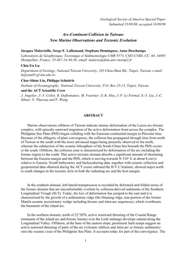 Arc-Continent Collision in Taiwan: New Marine Observations and Tectonic Evolution