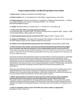 Project Implementation and Monitoring Report Cover Sheet I