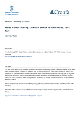 Domestic Service in South Wales, 1871- 1921