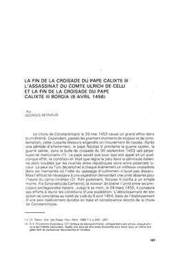 L´Assassinat Du Comte Ulrich De Celli Et La Fin De La Croisade Du Pape Calixte III. Borgia (8 Avril 1456) / Por Georges Reynau