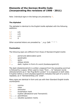 Elements of the German Braille Code (Incorporating the Revisions of 1998 - 2011)