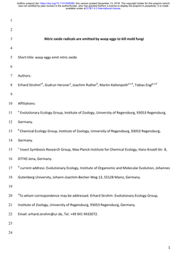 Nitric Oxide Radicals Are Emitted by Wasp Eggs to Kill Mold Fungi