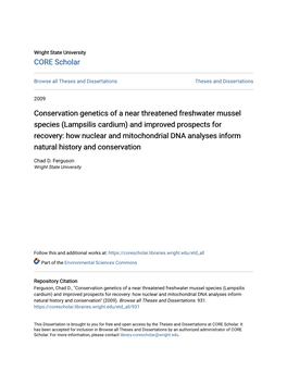 Lampsilis Cardium) and Improved Prospects for Recovery: How Nuclear and Mitochondrial DNA Analyses Inform Natural History and Conservation