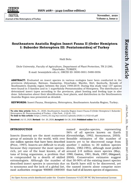 Research Article Southeastern Anatolia Region Insect Fauna II (Order Hemiptera I: Suborder Heteroptera III: Pentatomoidea) of Turkey