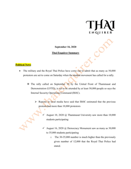 September 16, 2020 Thai Enquirer Summary Political News • The