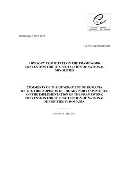 Advisory Committee on the Framework Convention for the Protection of National Minorities Comments of the Government of Romania O