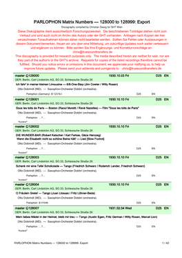 PARLOPHON Matrix Numbers — 128000 to 128999: Export Discography Compiled by Christian Zwarg for GHT Wien Diese Diskographie Dient Ausschließlich Forschungszwecken