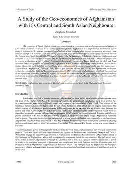 A Study of the Geo-Economics of Afghanistan with It's Central and South Asian Neighbours