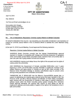 City of Abbotsford – Resolutions: Criminal Justice Reform in BC And