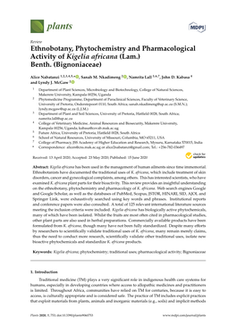 Ethnobotany, Phytochemistry and Pharmacological Activity of Kigelia Africana (Lam.) Benth