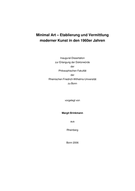 Minimal Art – Etablierung Und Vermittlung Moderner Kunst in Den 1960Er Jahren