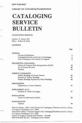 Cataloging Service Bulletin 051, Winter 1991