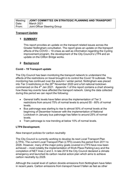 Meeting: Date: From: JOINT COMMITTEE on STRATEGIC PLANNING and TRANSPORT March 2021 Joint Officer Steering Group Transport Updat