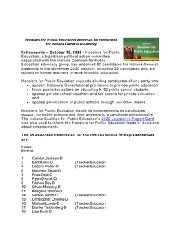 Hoosiers for Public Education Endorses 80 Candidates for Indiana General Assembly