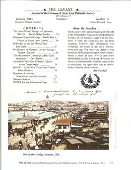 THE LEV ANT * Journal of the Ottoman & Near East Philatelic Society APS Affiliate 247 January 2014 Volume 7 Number 4 President: Robert Stuchejj Editor: Ri Chard Rose
