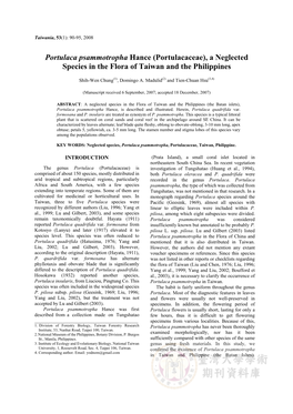 Portulaca Psammotropha Hance (Portulacaceae), a Neglected Species in the Flora of Taiwan and the Philippines