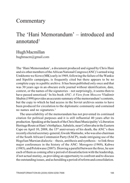 Commentary the 'Hani Memorandum' – Introduced and Annotated1