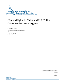 Human Rights in China and U.S. Policy: Issues for the 115Th Congress