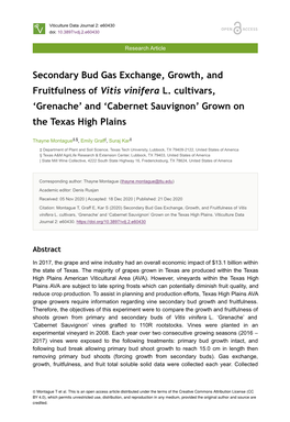 Secondary Bud Gas Exchange, Growth, and Fruitfulness of Vitis Vinifera L