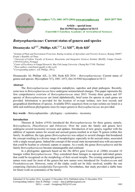 Botryosphaeriaceae: Current Status of Genera and Species