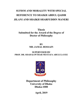 Sufism and Morality with Special Reference to Shaikh Abdul Qadir Jilani and Shaikh Sharfuddin Maneri