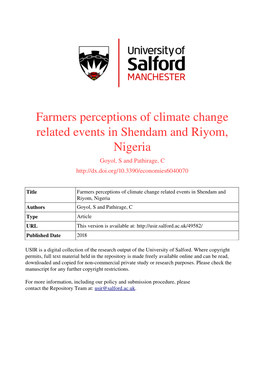 Farmers Perceptions of Climate Change Related Events in Shendam and Riyom, Nigeria Goyol, S and Pathirage, C