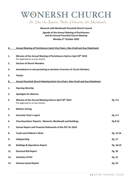 Wonersh with Blackheath Parochial Church Council Agenda of the Annual Meeting of Parishioners and the Annual Parochial Church Meeting Monday 5Th October 2020