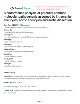 Bioinformatics Analysis of Potential Common Molecular Pathogenesis Assumed by Intracranial Aneurysm, Aortic Aneurysm and Aortic Dissection