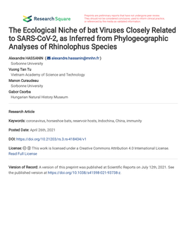 The Ecological Niche of Bat Viruses Closely Related to SARS-Cov-2, As Inferred from 1 Phylogeographic Analyses of Rhinolophus Species 2