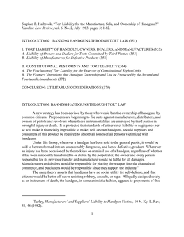 Tort Liability for the Manufacture, Sale, and Ownership of Handguns?” Hamline Law Review, Vol