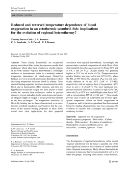 Reduced and Reversed Temperature Dependence of Blood Oxygenation in an Ectothermic Scombrid ﬁsh: Implications for the Evolution of Regional Heterothermy?