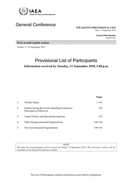 Provisional List of Participants Information Received by Tuesday, 11 September 2018, 5.00 P.M