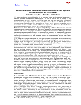 A Critical Investigation of Motivating Factors Responsible for Increase in Pleasure Tourism at Panchgani and Mahabaleshwar