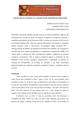 A Bancada Evangélica E a Eleição De Jair Bolsonaro (2018)