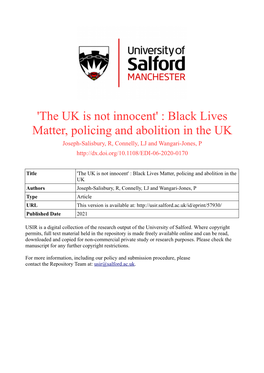 'The UK Is Not Innocent' : Black Lives Matter, Policing and Abolition in The