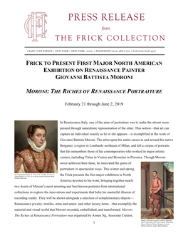 Frick to Present First Major North American Exhibition on Renaissance Painter Giovanni Battista Moroni