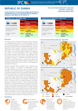 REPUBLIC of ZAMBIA July 2020 – March 2021 Issued in December 2020 FOOD SECURITY SITUATION in ZAMBIA EXPECTED TO