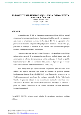 EL FOMENTO DEL TURISMO SOCIAL EN LA FALDA-HUERTA GRANDE, CÓRDOBA Gabriela Mariana Falco Ciffyh / Ffyh / UNC Falco.Gaby@Hotmail.Com