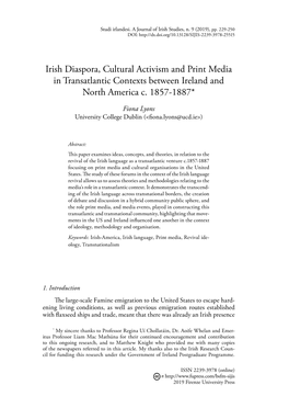 Irish Diaspora, Cultural Activism and Print Media in Transatlantic Contexts Between Ireland and North America C