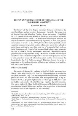 BOSTON UNIVERSITY SCHOOL of THEOLOGY and the CIVIL RIGHTS MOVEMENT the History of the Civil Rights Movement Features Contributio