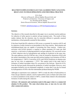 Reaction Pathways for Claus Tail Gas Reduction Catalysts: Relevance to Field Operations and Industrial Practice