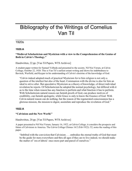 Bibliography of the Writings of Cornelius Van Til