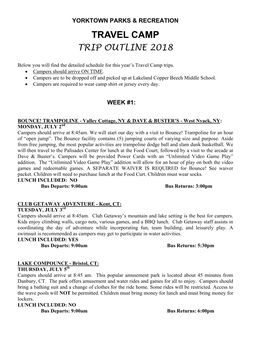 Travel Camp Trip Outline 2018