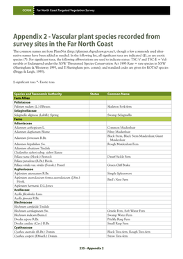 Vascular Plant Species Recorded from Survey Sites in the Far North Coast