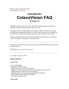 Colecovision FAQ Version 4.1