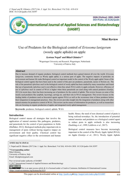 Use of Predators for the Biological Control of Eriosoma Lanigerum (Wooly Apple Aphids) on Apple Jyotsna Nepal1 and Bikal Ghimire*2