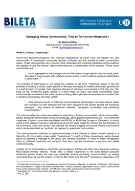 Managing Virtual Communities: Time to Turn to the Whetstone?