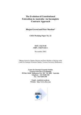 The Evolution of Constitutional Federalism in Australia: an Incomplete Contracts Approach