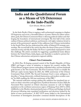 India and the Quadrilateral Forum As a Means of US Deterrence in the Indo-­Pacific Capt Daniel Myers, USAF Abstract