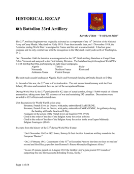 HISTORICAL RECAP 6Th Battalion 33Rd Artillery